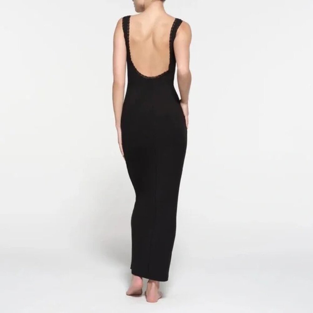 New SKIMS Womens XS Soft Lounge Lace Scoop Neck Dress Maxi Black Onyx Low Back